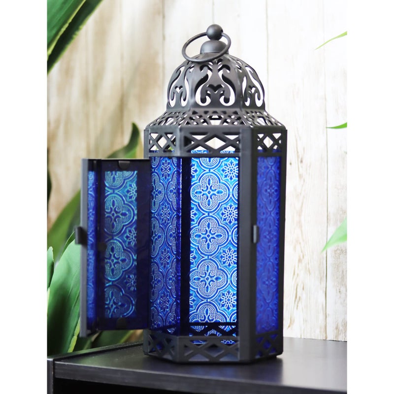 VELA LANTERNS Moroccan Candle Lantern Decorative Candle Holder for Table or Hanging, Ramadan Decorations, Indoor Home Decor, Outdoor Patio or Porch, Weddings, Black Metal, Cobalt Blue Glass, Medium - Image 3