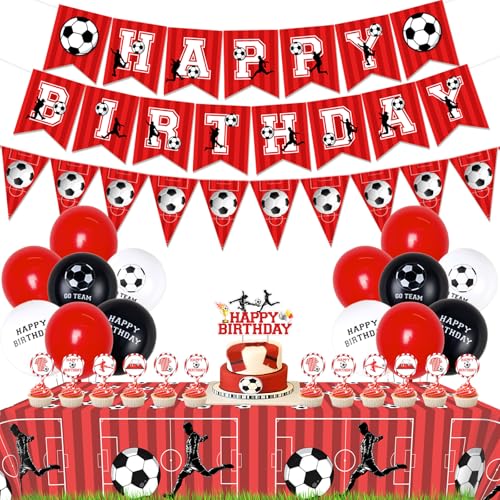 Funmemoir Soccer Birthday Party Decorations Red and White Happy Birthday Banner Triangle Flag Banner Cupcake Cake Toppers Tablecloth for Boys Soccer Fans Theme Party Decorations - Image 1
