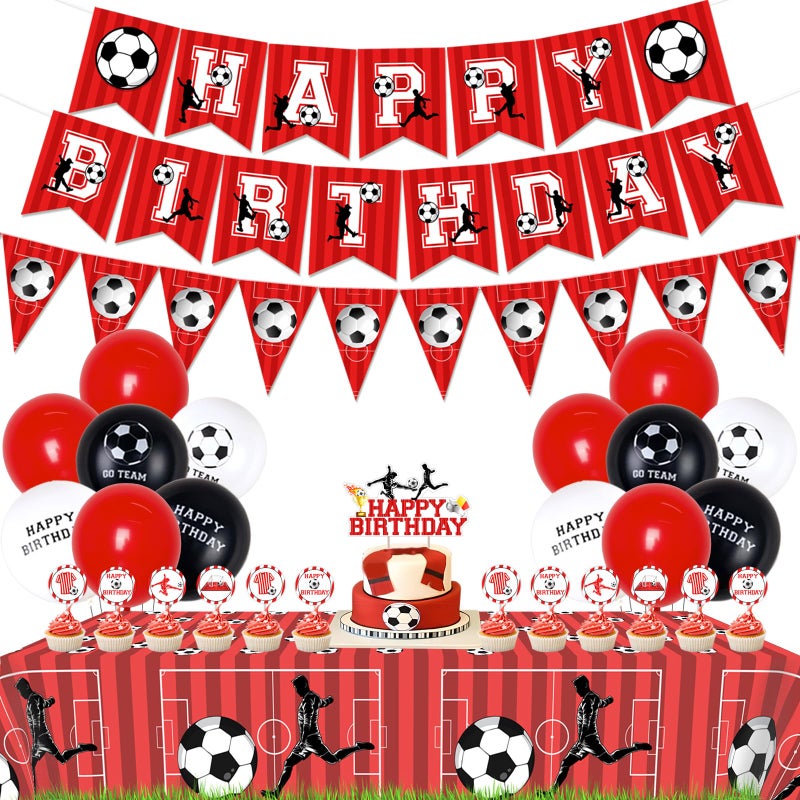 Funmemoir Soccer Birthday Party Decorations Red and White Happy Birthday Banner Triangle Flag Banner Cupcake Cake Toppers Tablecloth for Boys Soccer Fans Theme Party Decorations - Image 3