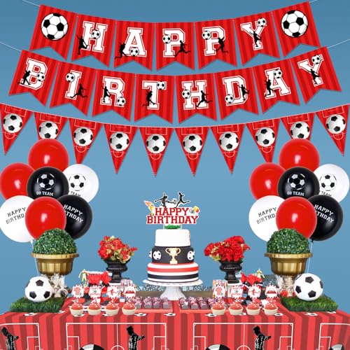 Funmemoir Soccer Birthday Party Decorations Red and White Happy Birthday Banner Triangle Flag Banner Cupcake Cake Toppers Tablecloth for Boys Soccer Fans Theme Party Decorations - Image 5