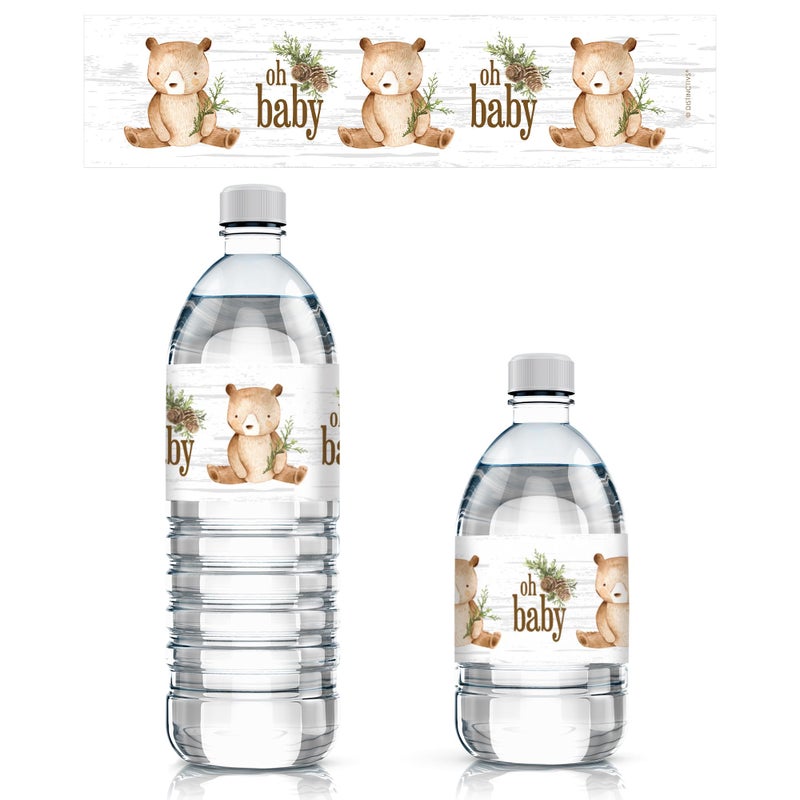 DISTINCTIVS Woodland Teddy Bear Baby Shower Water Bottle Labels - 20 Waterproof Stickers - Image 1