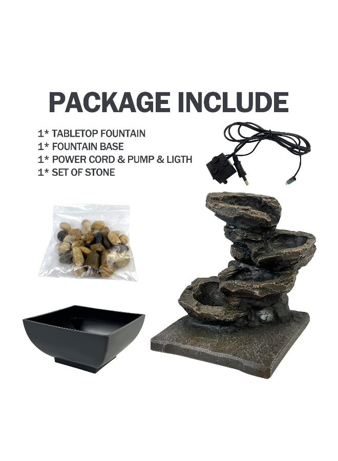 Tabletop Fountain Waterfall Meditation Function with LED Light 4 Tier Rock Indoor Zen Relaxation Desktop for Home Decoration