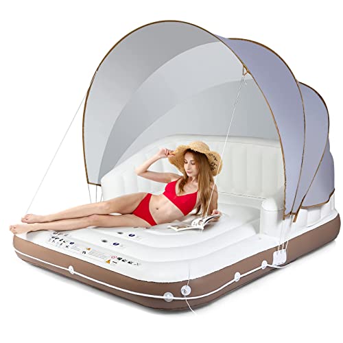 Goplus Inflatable Pool Float with Canopy, 71”x71” Floating Lounge Island w/UPF50+ Retractable Removable Sunshade, 2 Built-in Cup Holders, Giant Raft Load 440LBS for 2-3 Person Lake River Pool - Image 1
