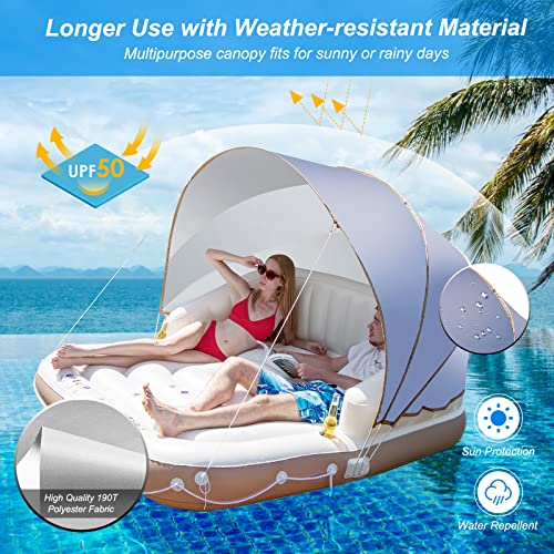 Goplus Inflatable Pool Float with Canopy, 71”x71” Floating Lounge Island w/UPF50+ Retractable Removable Sunshade, 2 Built-in Cup Holders, Giant Raft Load 440LBS for 2-3 Person Lake River Pool - Image 2