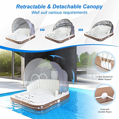 Goplus Inflatable Pool Float with Canopy, 71”x71” Floating Lounge Island w/UPF50+ Retractable Removable Sunshade, 2 Built-in Cup Holders, Giant Raft Load 440LBS for 2-3 Person Lake River Pool - Image 4