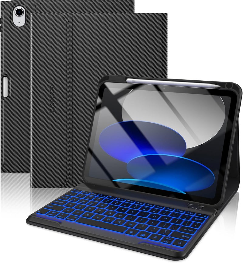 typecase غلاف لوحة مفاتيح تيبكيس فوليو لآيباد الجيل العاشر 10.9 بوصة (2022) وآيباد الجيل الحادي عشر (A16، 2025)، لوحة مفاتيح مغناطيسية لاسلكية قابلة للفصل، إضاءة خلفية بسبعة ألوان، رفيع وخفيف، حامل قلم – ألياف الكربون - Image 1