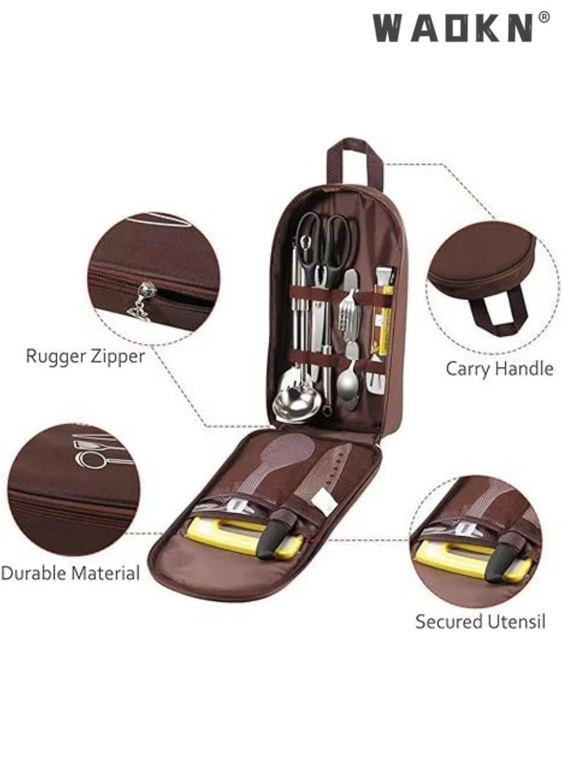 دبليو أيه أو كي أن حقيبة تخزين أدوات الطبخ للتخييم، مجموعة أدوات الطبخ للتخييم، حقيبة تخزين محمولة لأدوات التخييم، للسكاكين والشوك والملاعق ولوح التقطيع وسكين الطاهي وأدوات المطبخ، لون بني - Image 4