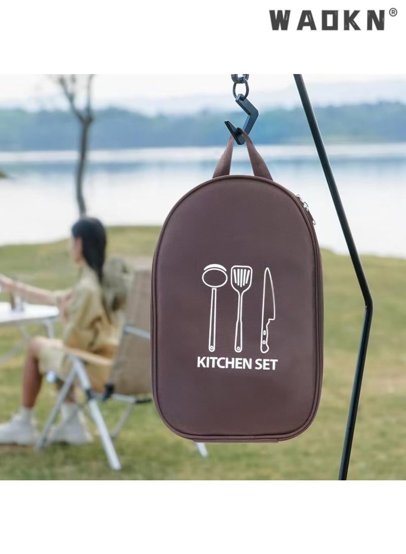 دبليو أيه أو كي أن حقيبة تخزين أدوات الطبخ للتخييم، مجموعة أدوات الطبخ للتخييم، حقيبة تخزين محمولة لأدوات التخييم، للسكاكين والشوك والملاعق ولوح التقطيع وسكين الطاهي وأدوات المطبخ، لون بني - Image 5
