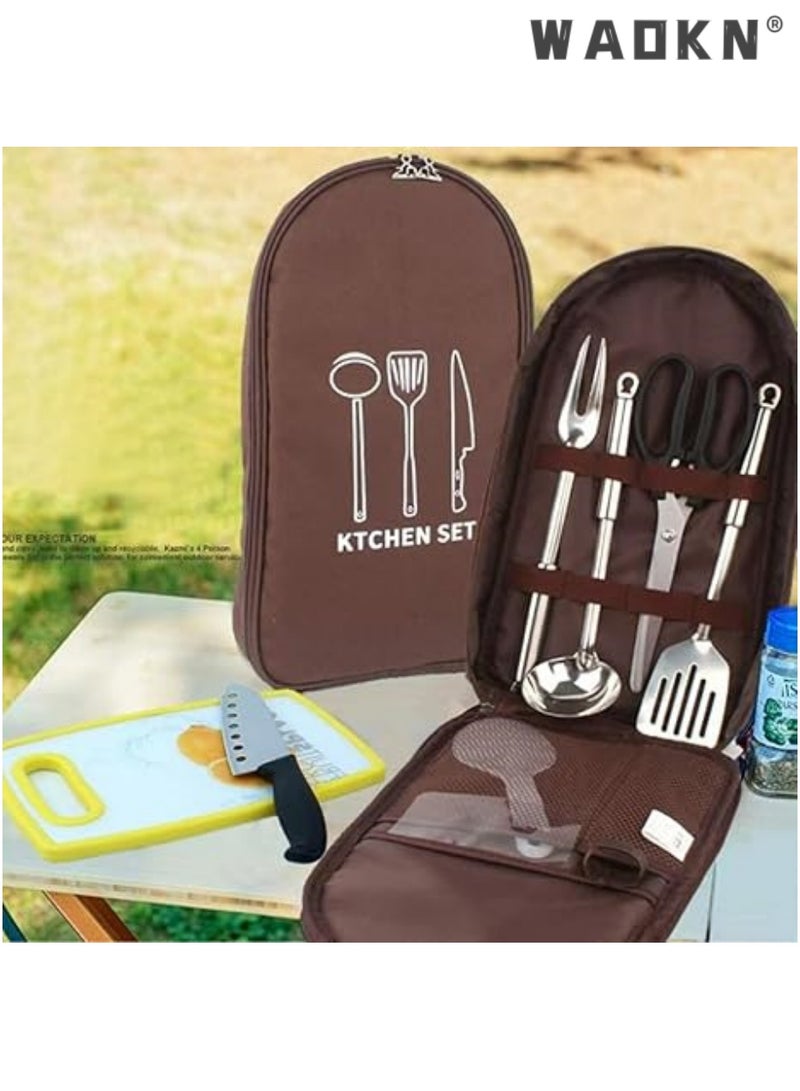 دبليو أيه أو كي أن حقيبة تخزين أدوات الطبخ للتخييم، مجموعة أدوات الطبخ للتخييم، حقيبة تخزين محمولة لأدوات التخييم، للسكاكين والشوك والملاعق ولوح التقطيع وسكين الطاهي وأدوات المطبخ، لون بني - Image 2