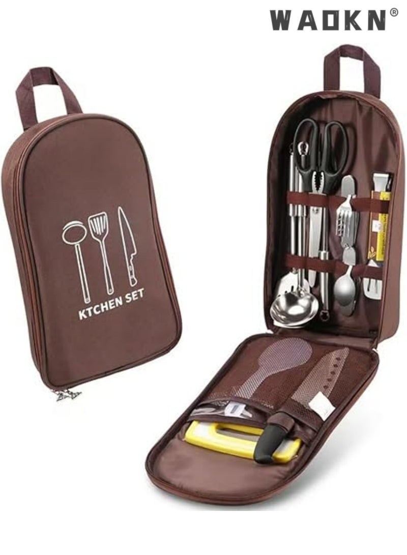 دبليو أيه أو كي أن حقيبة تخزين أدوات الطبخ للتخييم، مجموعة أدوات الطبخ للتخييم، حقيبة تخزين محمولة لأدوات التخييم، للسكاكين والشوك والملاعق ولوح التقطيع وسكين الطاهي وأدوات المطبخ، لون بني - Image 1