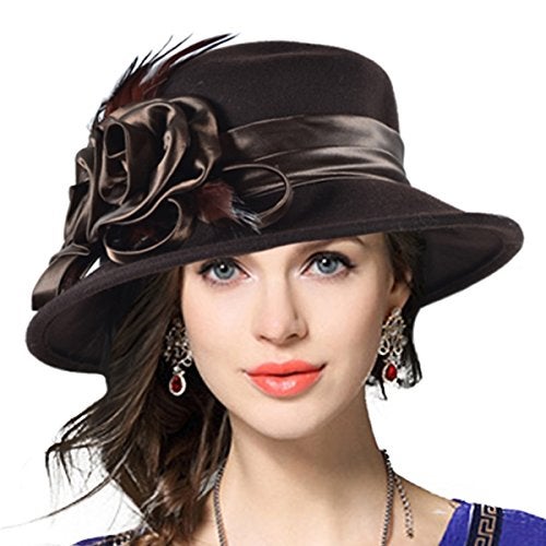 VECRY Women's Wool Church Dress Cloche Hat Plumy Felt Bucket Winter Hat (Floral-Brown) - Image 5