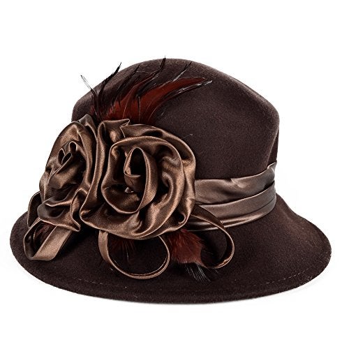 VECRY Women's Wool Church Dress Cloche Hat Plumy Felt Bucket Winter Hat (Floral-Brown) - Image 2