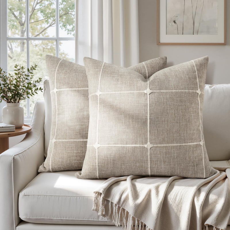 HOMEIDEAS Decorative Plaid Throw Pillow Covers 18x18 Set of 2, Tan Farmhouse Pillow Covers, Neutral Faux Linen Cushion Covers for Couch Sofa Bed Home Decor - Image 1