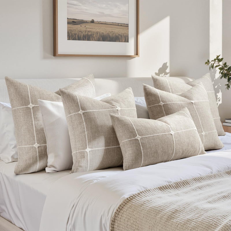 HOMEIDEAS Decorative Plaid Throw Pillow Covers 18x18 Set of 2, Tan Farmhouse Pillow Covers, Neutral Faux Linen Cushion Covers for Couch Sofa Bed Home Decor - Image 4