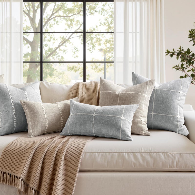 HOMEIDEAS Decorative Plaid Throw Pillow Covers 18x18 Set of 2, Tan Farmhouse Pillow Covers, Neutral Faux Linen Cushion Covers for Couch Sofa Bed Home Decor - Image 2