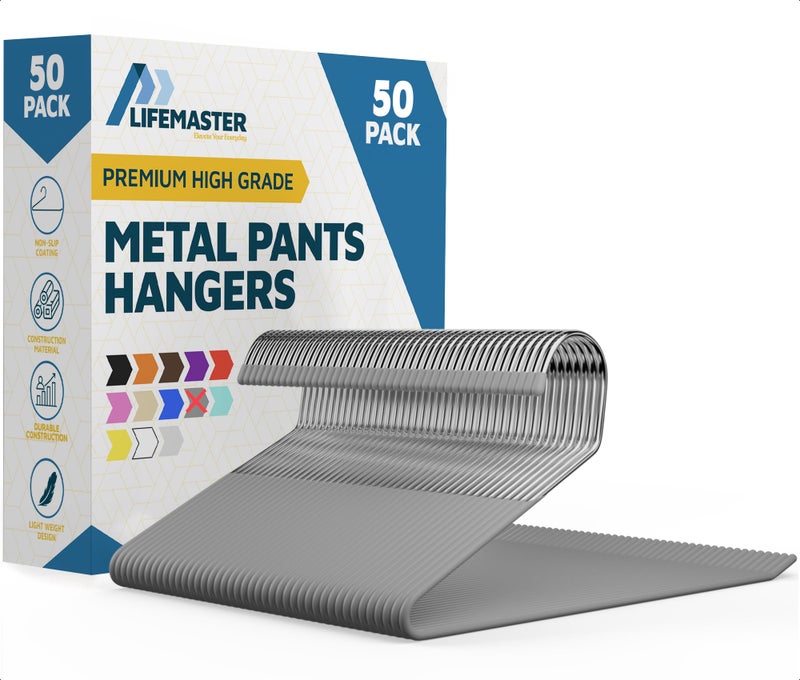 Lifemaster Metal Pants Hanger Set - 50 Pieces Elegant Non-Slip Closet Space Saving Hanger Set for Pants, Trouser, Blankets, and Jeans with Open Ended Sleek Design - Gray - Image 1