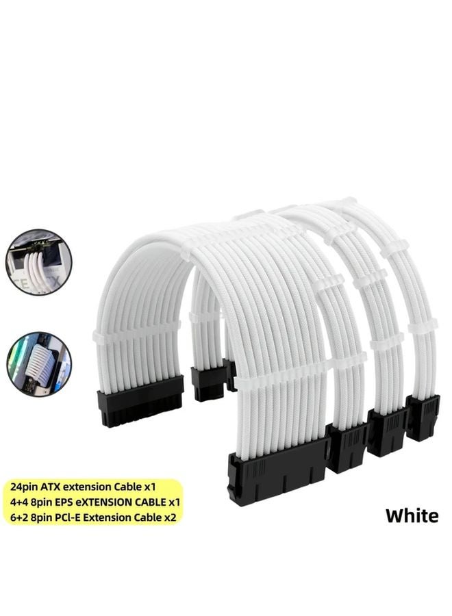 White 4 Pcs PSU Extension Cable Set 24 Pin 8 Pin 6 2 Pin with Combs Nylon Braided - Image 1