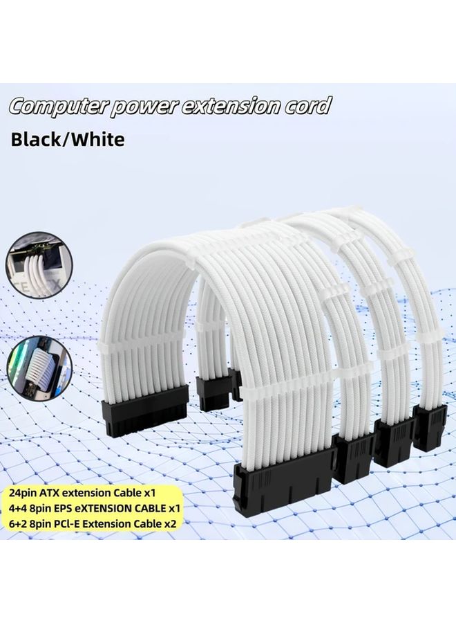 White 4 Pcs PSU Extension Cable Set 24 Pin 8 Pin 6 2 Pin with Combs Nylon Braided - Image 2