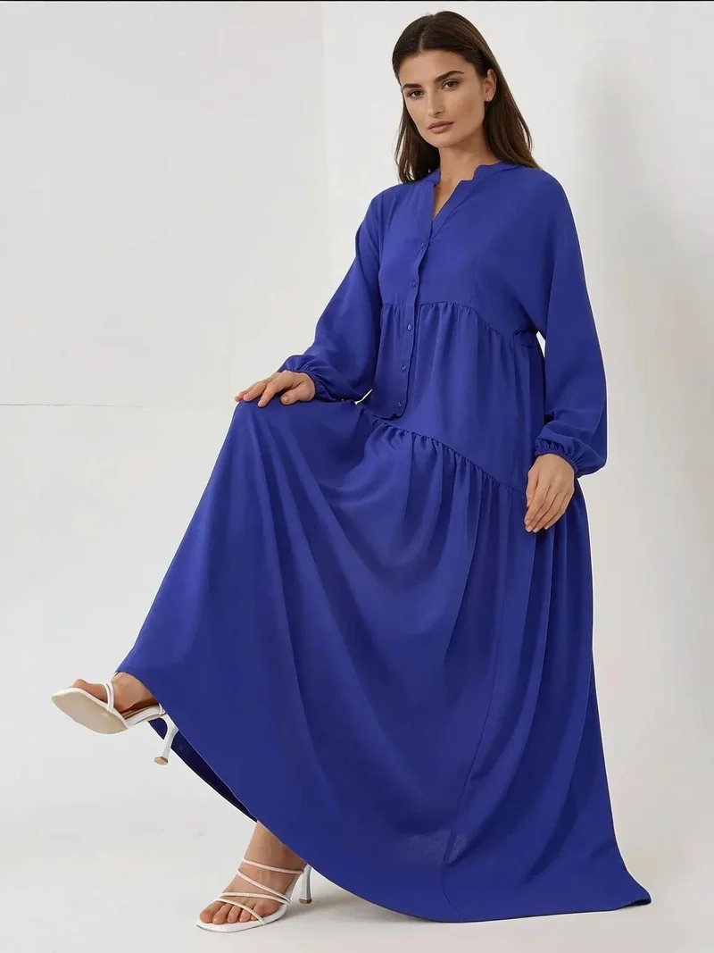 HICCUP Textured V-Neck Maxi Dress with Button Detail