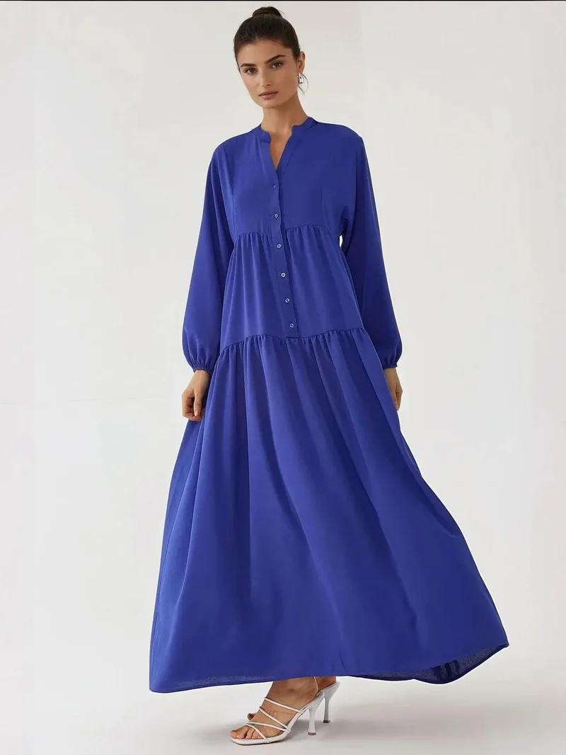 HICCUP Textured V-Neck Maxi Dress with Button Detail