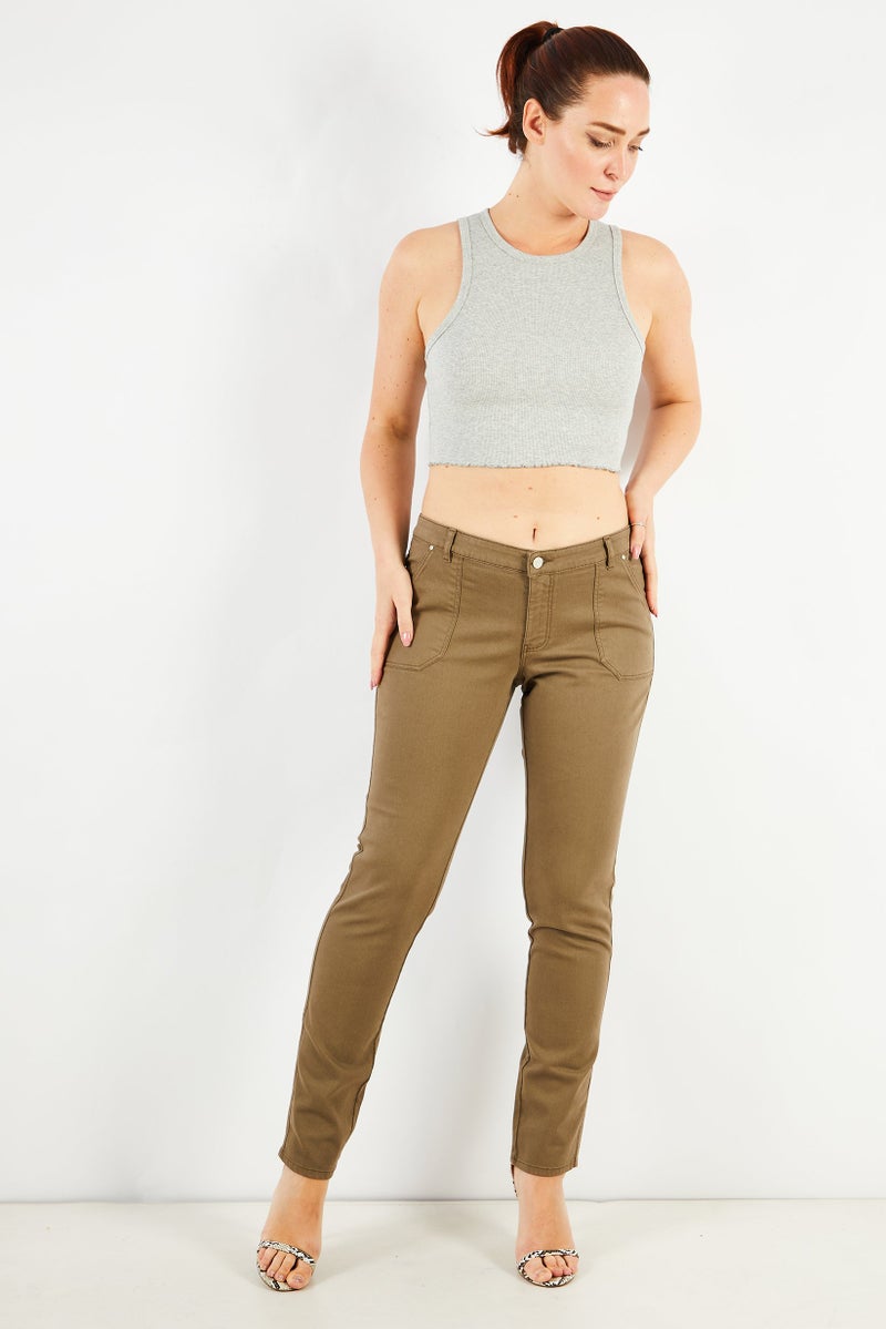 IKKS Women Regular Fit Solid Stretchable Denim Jeans, Olive - Image 2
