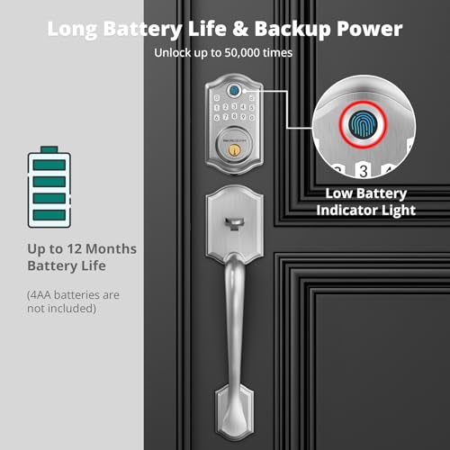 AkaGear DS10 Keyless Entry Door Lock with Handle Set - Fingerprint Door Locks, Electronic Keypad Deadbolt, Smart Locks for Front Door, Auto-Lock & One Touch Locking, Easy Installation - Satin Nickel - Image 4
