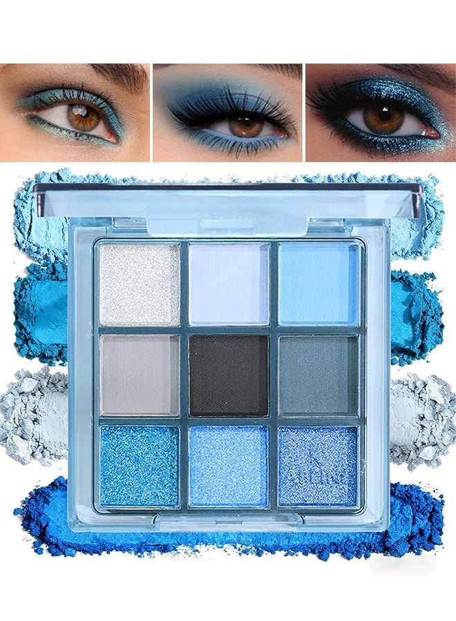 KAPEINE Nine Color Eye Shadow, Blue Eyeshadow Palette, Matte Shimmer Eyeshadow with Grey Black Highly Pigment Makeup Palette Waterproof Eye Shades for Rave Party, Stage Performance, Music Festival and Costume - Image 1