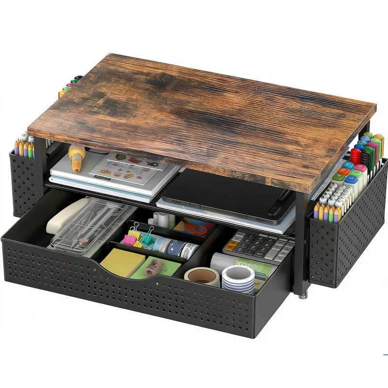 Spacrea Desk Organizer and Accessories Computer Monitor Stand Riser with Drawer and 2 Pen Holders Office Desk Accessories Workspace Organizers for Office Supplies Wood - Image 2