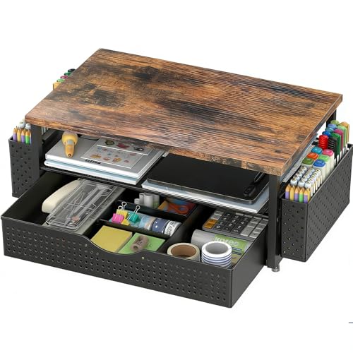 Spacrea Desk Organizer and Accessories Computer Monitor Stand Riser with Drawer and 2 Pen Holders Office Desk Accessories Workspace Organizers for Office Supplies Wood - Image 1