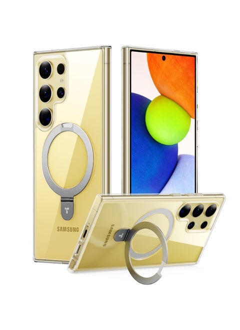 Magnetic Ostand Ring Case Designed for Samsung Galaxy S24 Ultra Case [Fit for MagSafe & Wireless Charging] [Mil-Grade Drop Tested] Transparent Hard Back Soft Edge, Clear Diamond