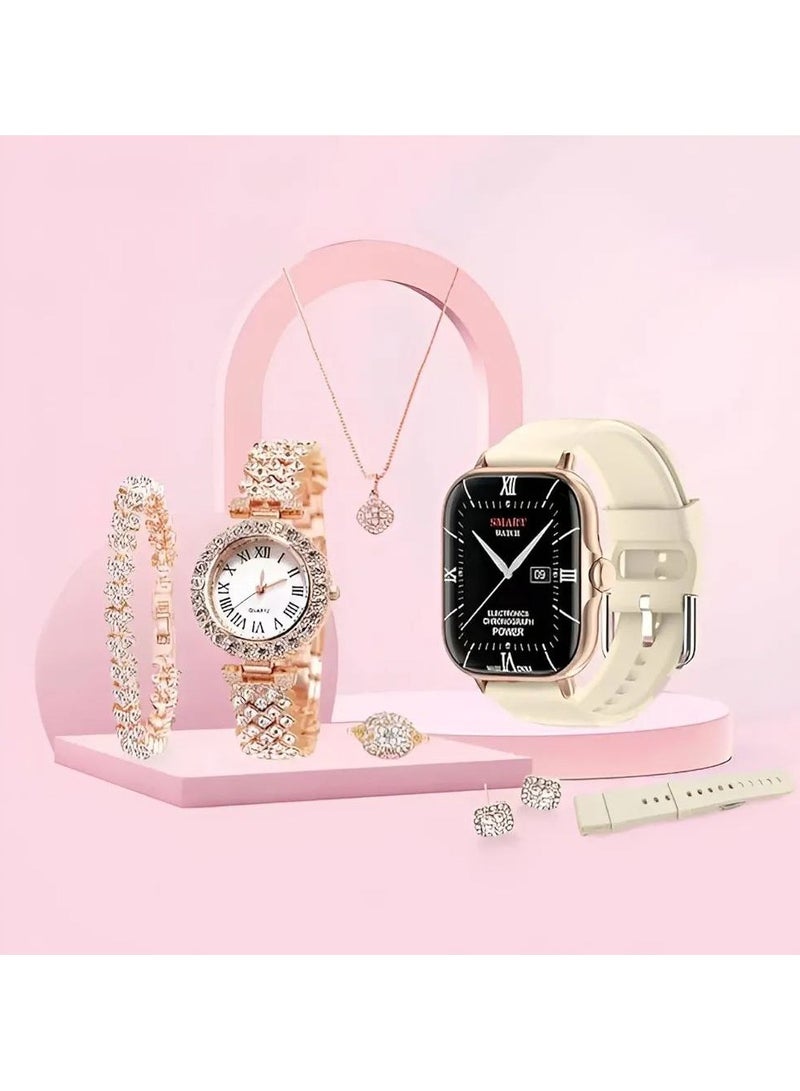 Smart Watch  Series Supports Bluetooth Call Ultra Long Endurance Sleep Monitoring Additional Women's Diamond Set Small Gold Watch Necklace Ring Earrings Bracelet Set Gift Box. - Image 3