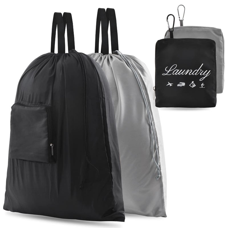 JHX 2 Pcs JHX Dirty Laundry Bag【Upgraded】 with Handles and Aluminum Carabiner, Collapsible Clothes Bag for Travel, Camp, Fitness, and Students (Black&Grey) 24"L x 21"W - Image 1