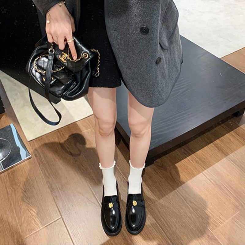 Grape Mom Casual Camellia Small Gold Button Autumn Thick-Soled Single-Layer Shoes Slip-On Inner Heightening Lefu Small Leather Shoes For Women - Image 5