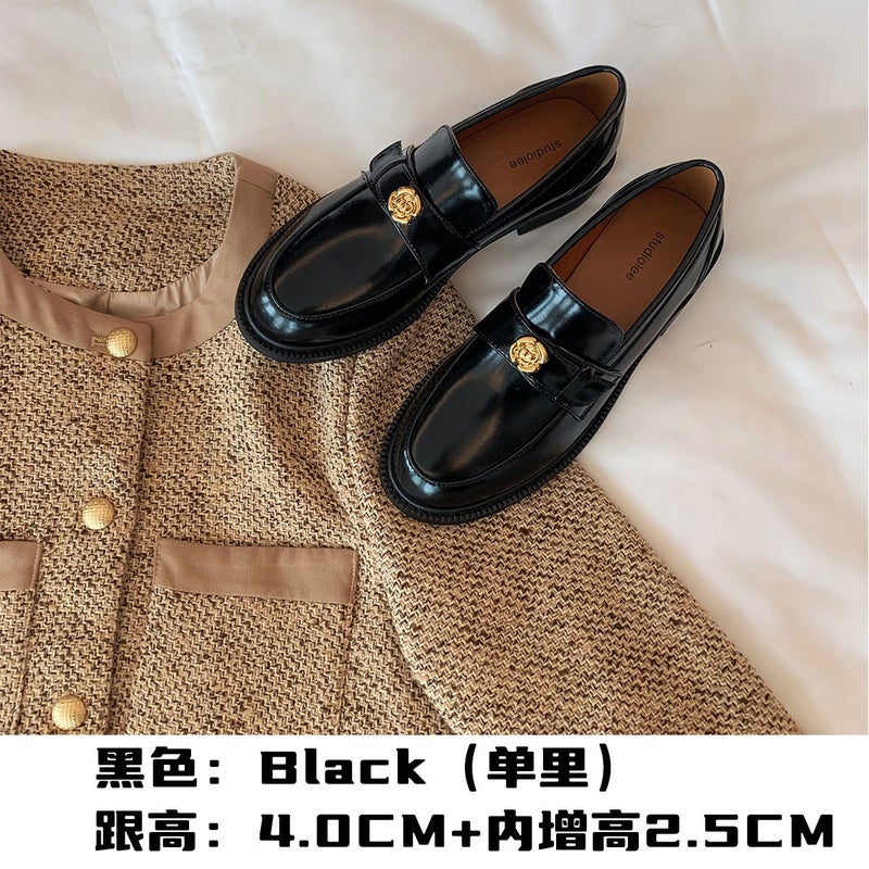 Grape Mom Casual Camellia Small Gold Button Autumn Thick-Soled Single-Layer Shoes Slip-On Inner Heightening Lefu Small Leather Shoes For Women - Image 1