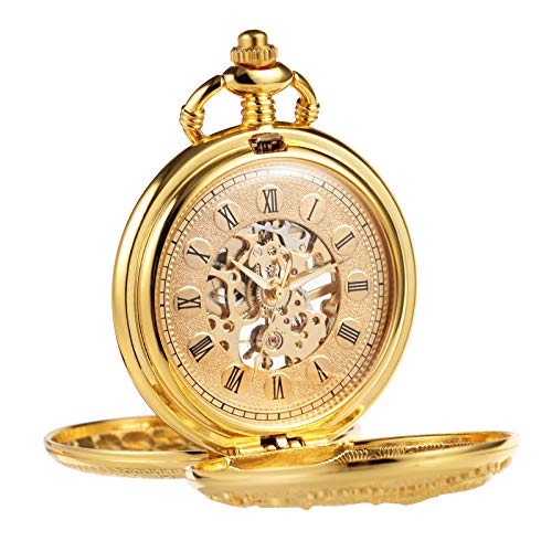 TREEWETO Mens Antique Skeleton Mechanical Golden Pocket Watch Dragon Hollow Hunter with Chain and Box - Image 2