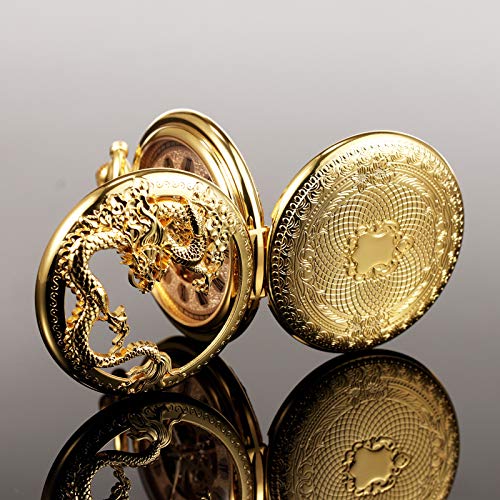 TREEWETO Mens Antique Skeleton Mechanical Golden Pocket Watch Dragon Hollow Hunter with Chain and Box - Image 4