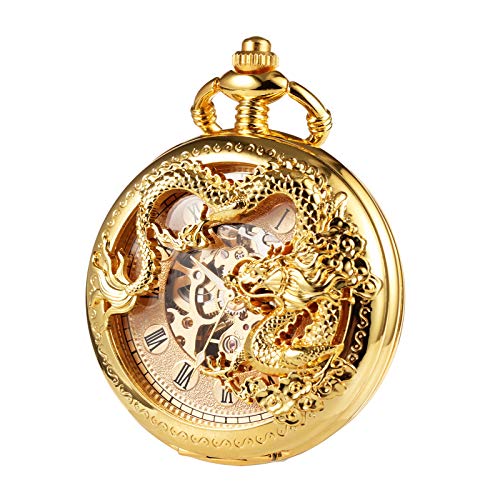 TREEWETO Mens Antique Skeleton Mechanical Golden Pocket Watch Dragon Hollow Hunter with Chain and Box - Image 1