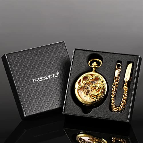 TREEWETO Mens Antique Skeleton Mechanical Golden Pocket Watch Dragon Hollow Hunter with Chain and Box - Image 5