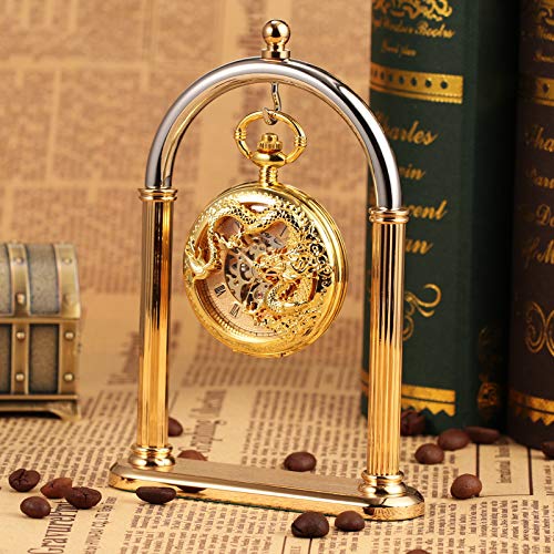 TREEWETO Mens Antique Skeleton Mechanical Golden Pocket Watch Dragon Hollow Hunter with Chain and Box - Image 3