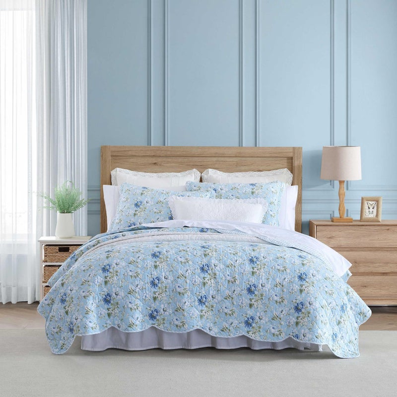 LAURA ASHLEY Laura Ashley  Quilt Set Super Soft Bedding with Matching Sham Scalloped Edge Design Peony Garden Blue Twin