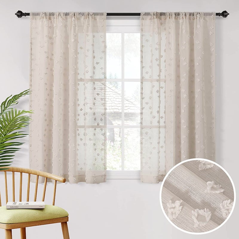 MYSKY HOME MYSKY HOME Pom Pom Wood Beige Sheer Curtains for Bedroom Light Filtering SemiSheer Curtains for Nursery Girls Kids Room Rod Pocket Boho Voile Draperies Wood Beige 52 x 63 inch 2 Panels 