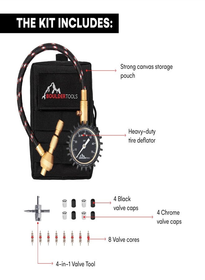 Boulder Tools Heavy Duty Rapid Tire Deflator & Molle Pouch - Precision Release Button Air Down Offroad Kit - Glows in Dark, Bonus: Valve Caps, Cores, Repair Tool | Quickly Deflate 4x4 Off Road Tires - Image 3