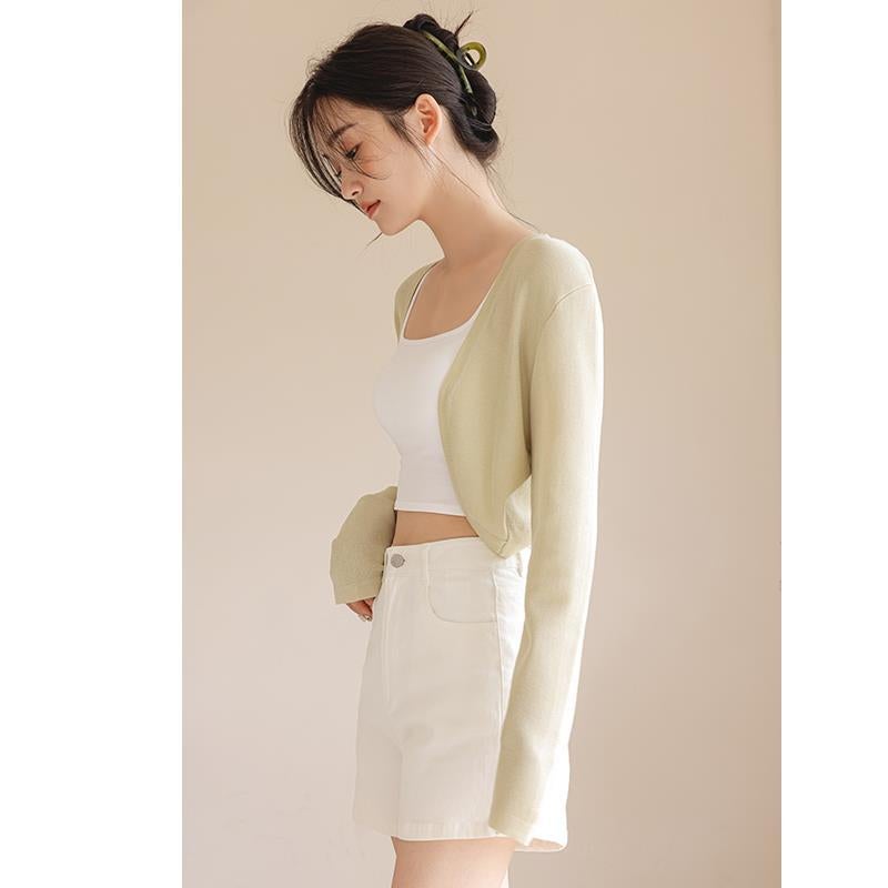 Womens sweater cardigan womens summer Thin Ice Silk sun protection clothing outer cover shawl air conditioning shirt with suspender skirt Apricot - Image 1