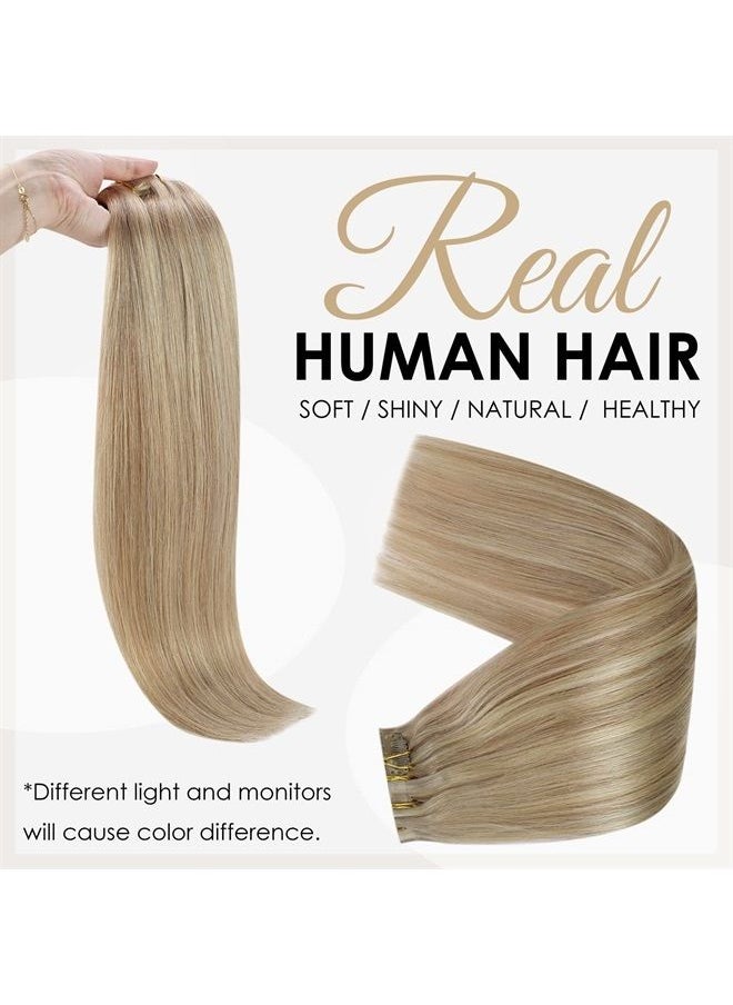 Full Shine Seamless Clip in Hair Extensions Blonde Highlights 12 Inch Human Hair Clip in Extensions Straight Hair Color 16P22 Soft Hair Blonde Clip in Hair Extensions Full Head 8 Pcs 80 Gram 