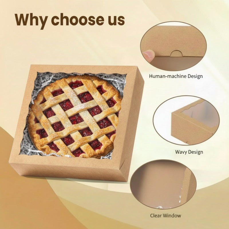 SLShePack 50Pack 9x9x2.5 Inches Kraft Brown Bakery Boxes,Pie Boxes with Clear Window Treat Boxes for Chocolate Strawberries, Pastries, Muffins, Donuts,Cookie,Breakable Heart - Image 3