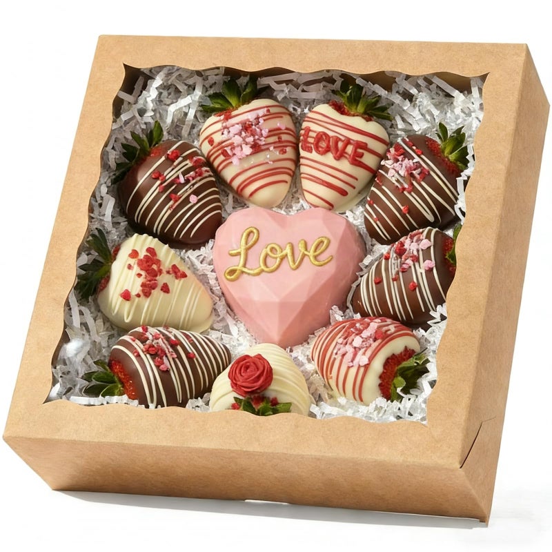 SLShePack 50Pack 9x9x2.5 Inches Kraft Brown Bakery Boxes,Pie Boxes with Clear Window Treat Boxes for Chocolate Strawberries, Pastries, Muffins, Donuts,Cookie,Breakable Heart - Image 1