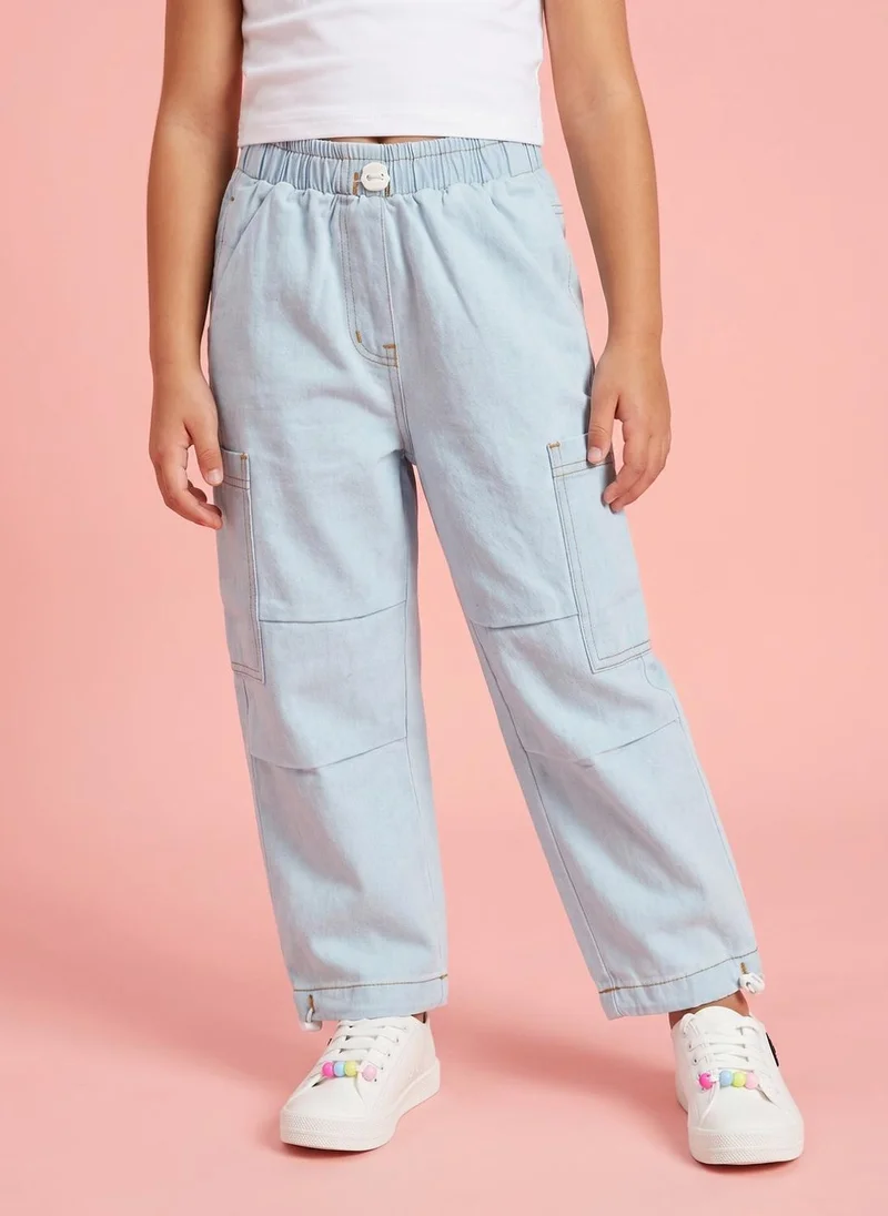 نوتيناتي Nautinati Girls' Solid Loose fit Denim Cargo Jeans with Cargo Pockets
