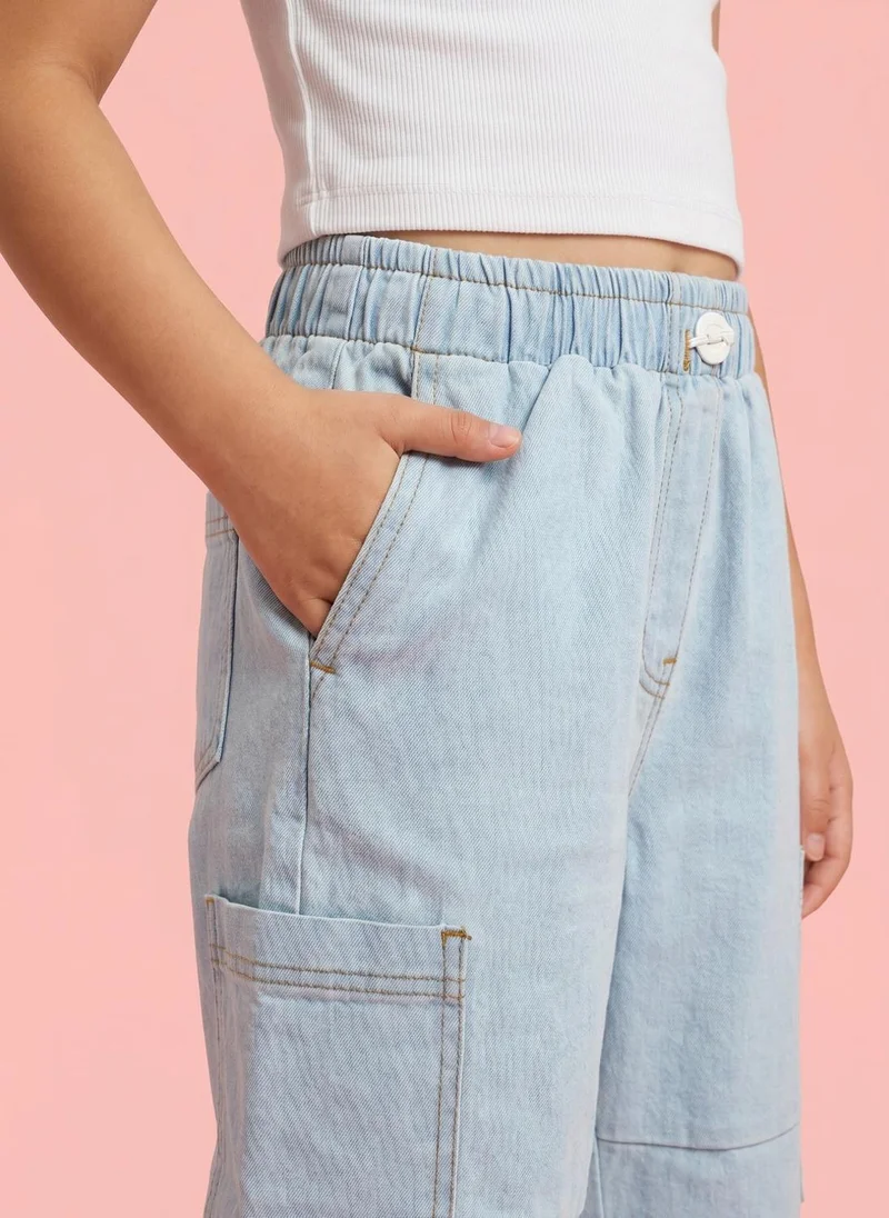 نوتيناتي Nautinati Girls' Solid Loose fit Denim Cargo Jeans with Cargo Pockets