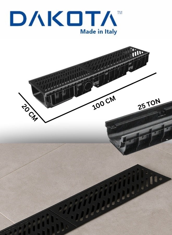 Dakota Floor Channel Grating | Drainage Channel Gratting with Bottom Trunch  for Garage, Water Rain Storm, Under Ground Parking, Under the Villa Gate, Service Center, Animal Farm,Wet Room, Garden, Driveway – 100x20 cm HDPE Plastic C-250 (25 Ton) Ductile Grating, 1Mtr Length, Heavy Duty Ductile Iron Gratting EN-1433. Made in Italy - Image 1