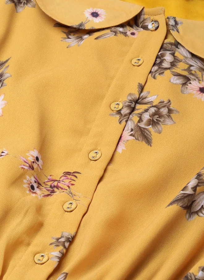 ساسافراس فستان نسائي بطبعة زهور باللون الأصفر الخردلي